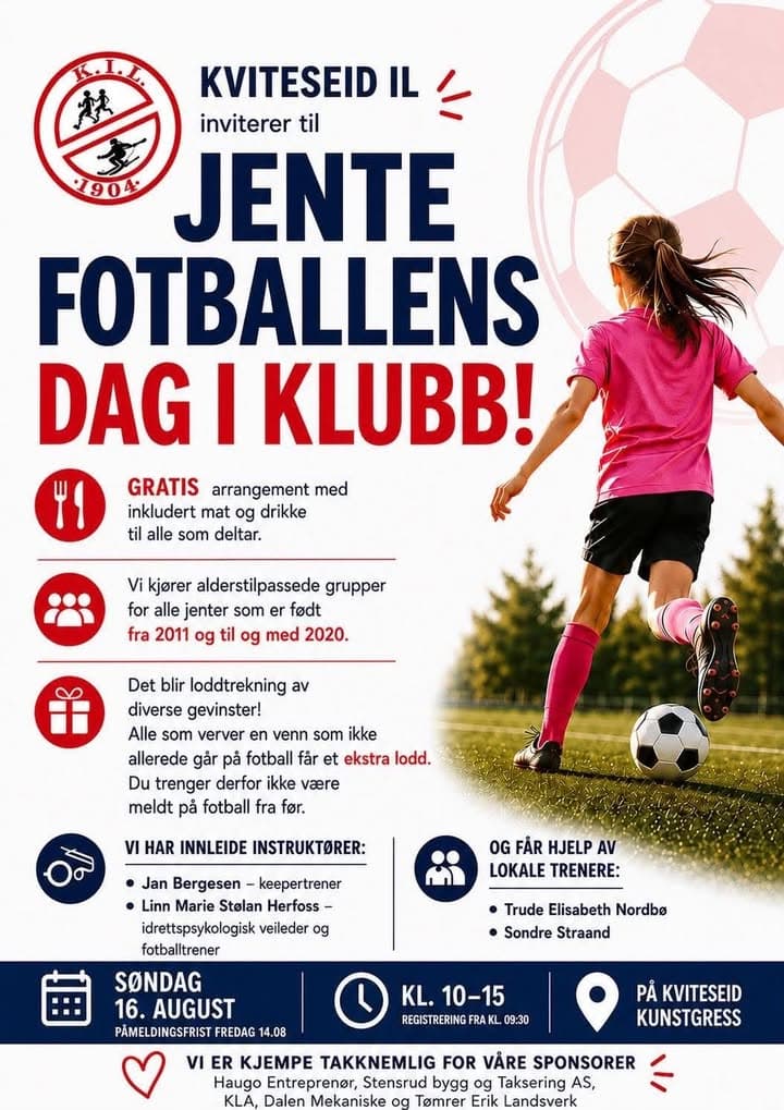 Jentefotballens dag i klubb
Påmeldingsskjema her:…
